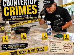Infographic 'Countertop Crimes' showing a contractor at a workbench with yellow crime-scene tape and four numbered tips (1–4).